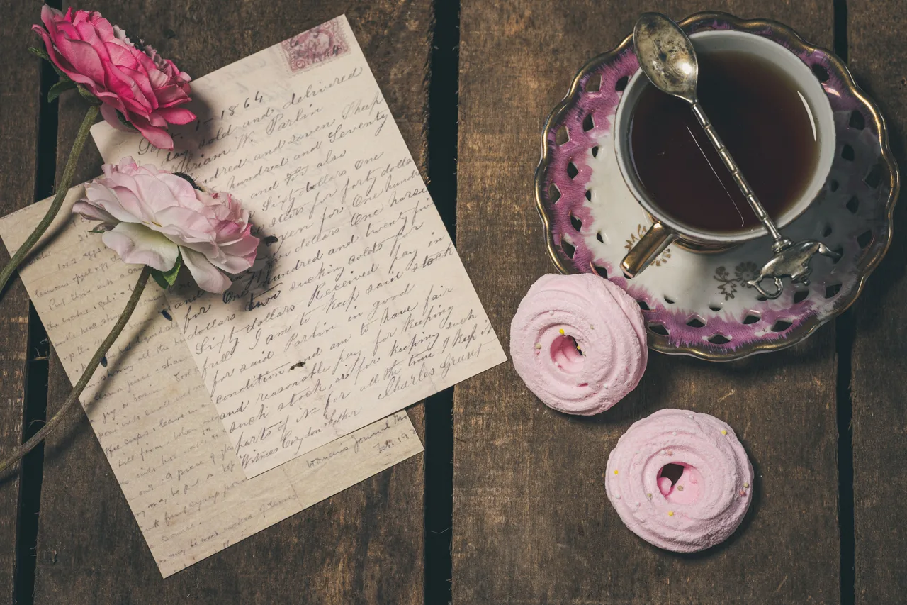 A handwritten letter beside a cup of tea and pink roses