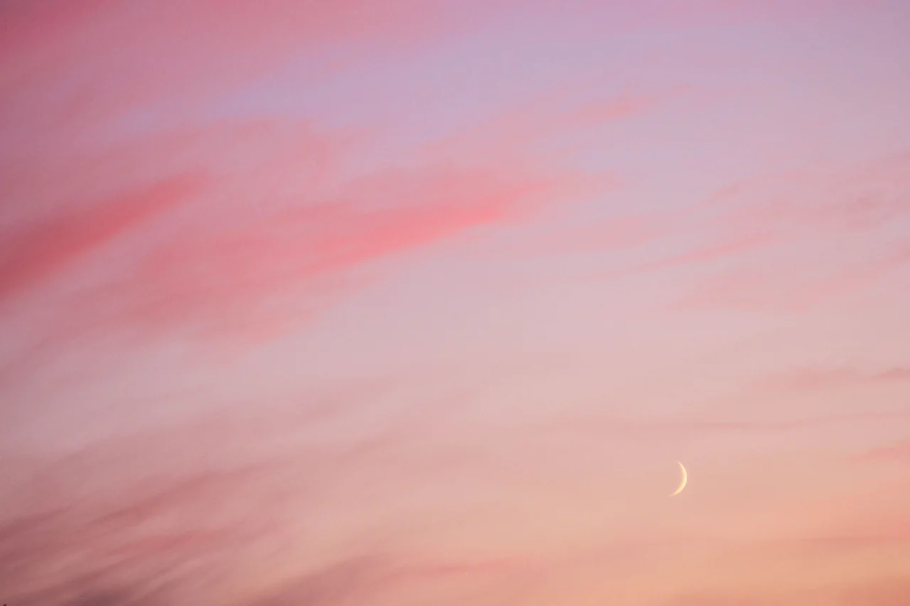 A slender crescent moon in a soft pink twilight sky